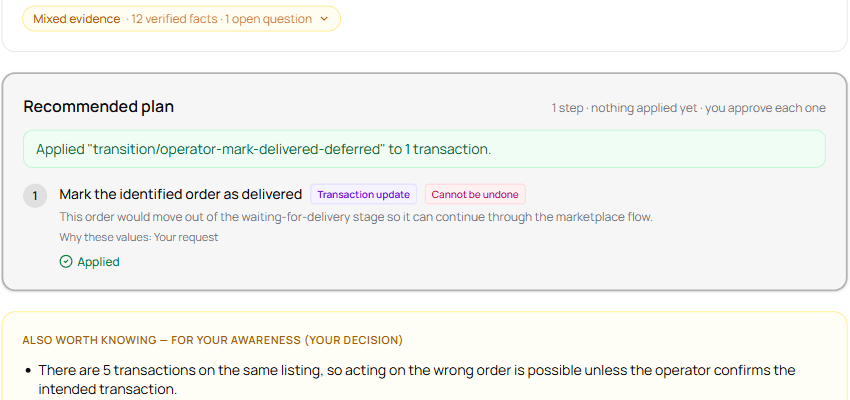 A recommended plan in a support case after approval: one transaction moved to its next step, marked “Cannot be undone” and “Applied”.