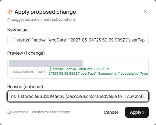 The same dialog with a reason typed into the Reason field, ready to apply